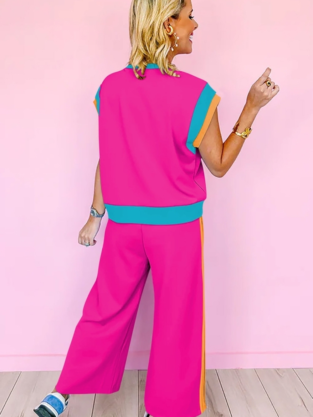 Bright Pink Wide-Leg Lounge Pants Set with Orange Side Stripe - Picture 2 of 2